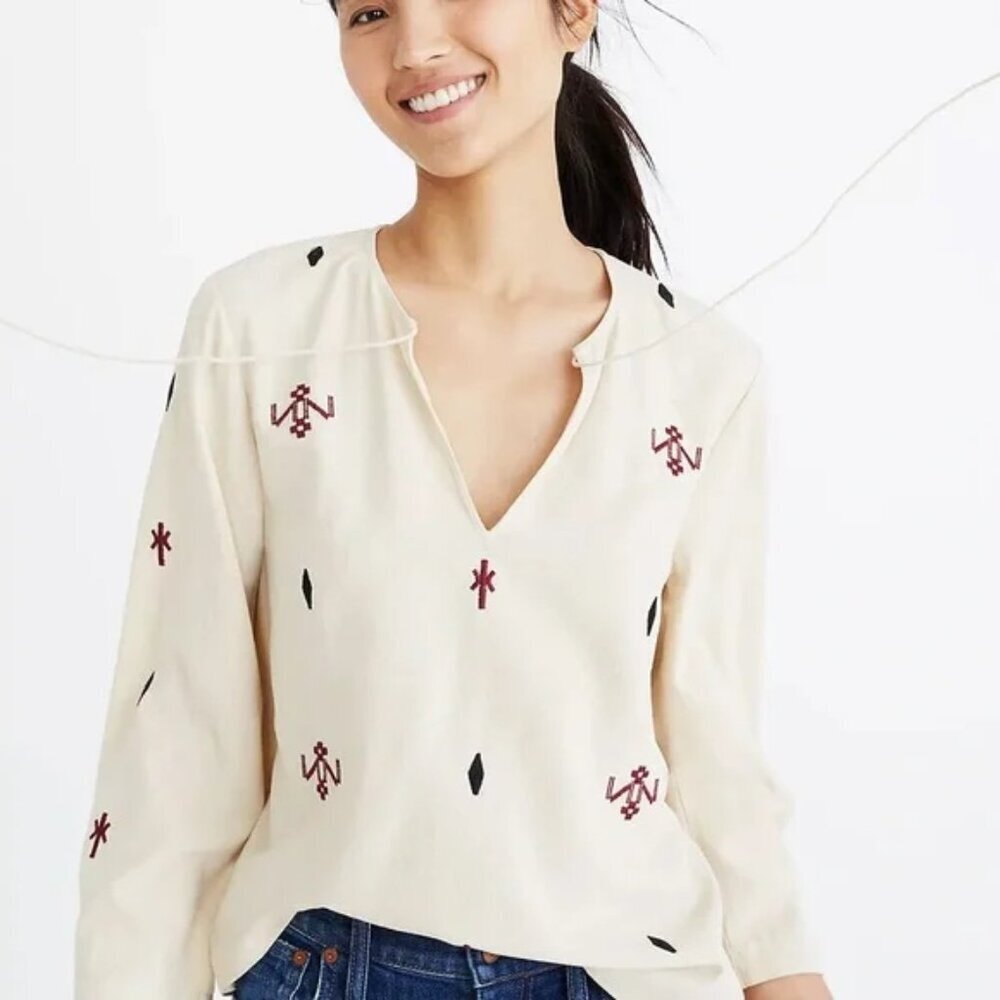 Madewell Embroidered Fringe Top Pom Pom Boho 100% Silk Cream - S